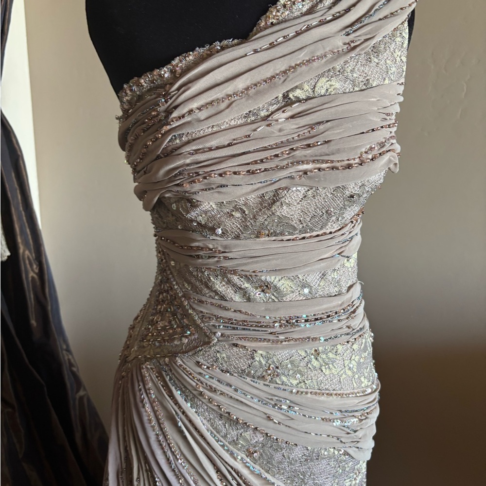 One-Shoulder Ivory Evening Gown with Beaded Detail - Picture 2 of 8
